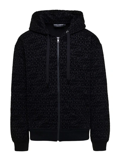 Shop Dolce & Gabbana Black Hoodie With All-over Tonal Logo Print In Cotton Man