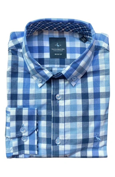 Shop Tailorbyrd Kids' Gingham Long Sleeve Stretch Cotton Button-down Shirt In Blue