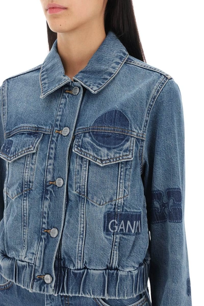 Shop Ganni Cropped Denim Jacket In Blue