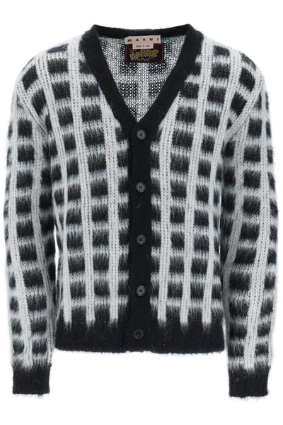 Shop Marni Brushed-yarn Cardigan With Check Pattern In Multicolor