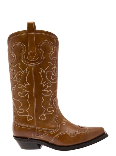 Shop Ganni Brown Western Boots With All-over Embroidery In Leather Woman