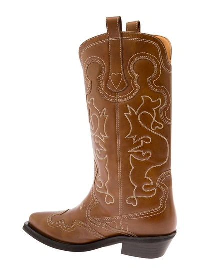 Shop Ganni Brown Western Boots With All-over Embroidery In Leather Woman