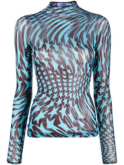 Shop Mugler Mesh Top With Star Print In Blue