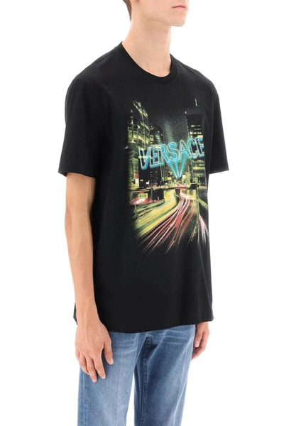 Shop Versace Crew-neck T-shirt With City Lights Print In Black