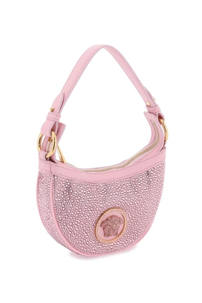 Shop Versace Repeat Mini Hobo Bag With Crystals In Pink