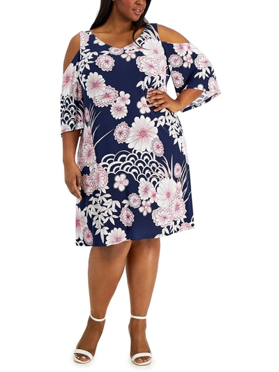 Shop Connected Apparel Plus Womens Floral Cold Shoulder Mini Dress In Blue