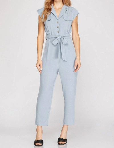 Shop She + Sky Dolman Sleeve Flap Pocket Belted Jumpsuit In Light Blue