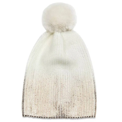 Shop Jocelyn Women Gold Metallic Pom Pom Knit Hat Beanie One Size In Ivory Rose In Beige