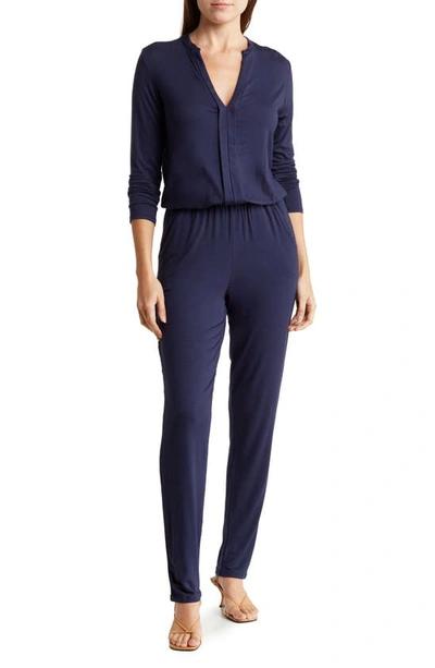 Shop Go Couture Split Neck Straight Leg Jumpsuit In Navy