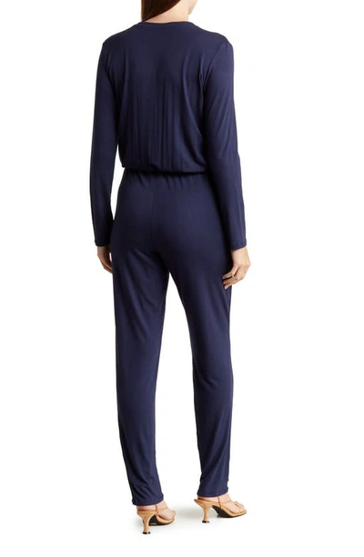 Shop Go Couture Split Neck Straight Leg Jumpsuit In Navy