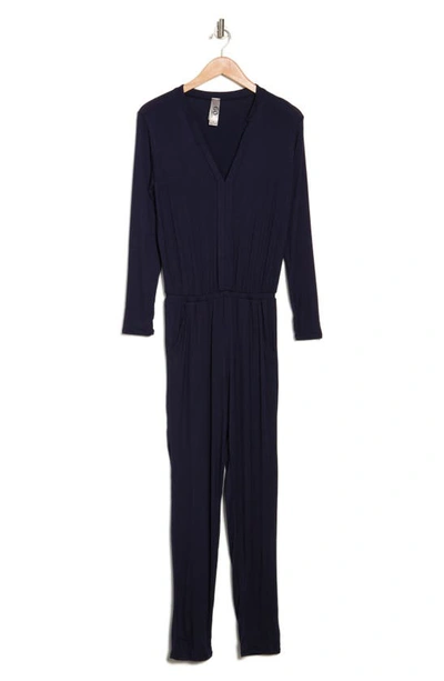 Shop Go Couture Split Neck Straight Leg Jumpsuit In Navy