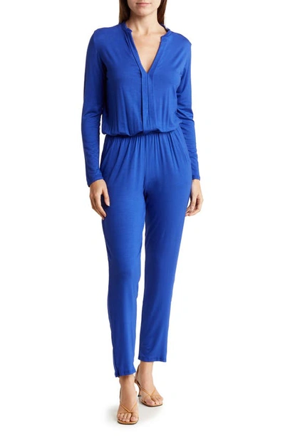 Shop Go Couture Split Neck Straight Leg Jumpsuit In Royal Blue