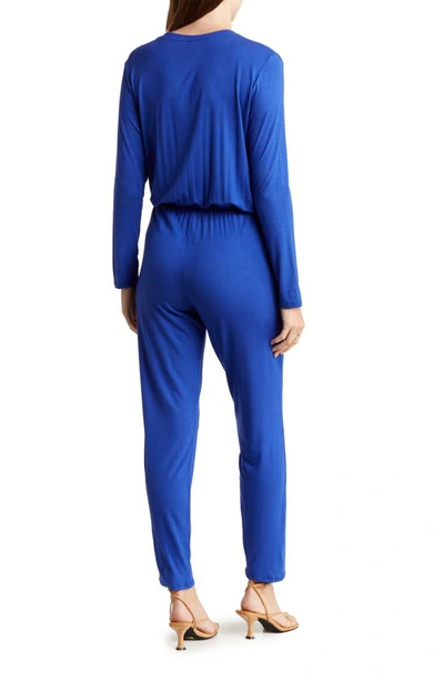 Shop Go Couture Split Neck Straight Leg Jumpsuit In Royal Blue