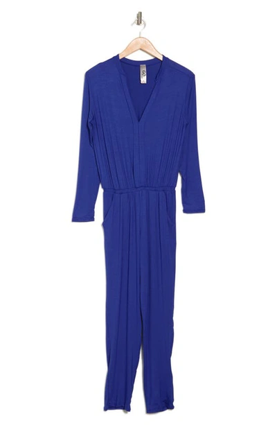 Shop Go Couture Split Neck Straight Leg Jumpsuit In Royal Blue