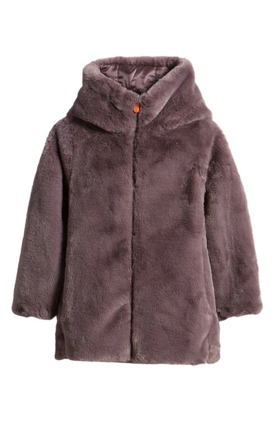 Shop Save The Duck Kids' Flora Reversible Hooded Faux Fur Coat In Ash Violet