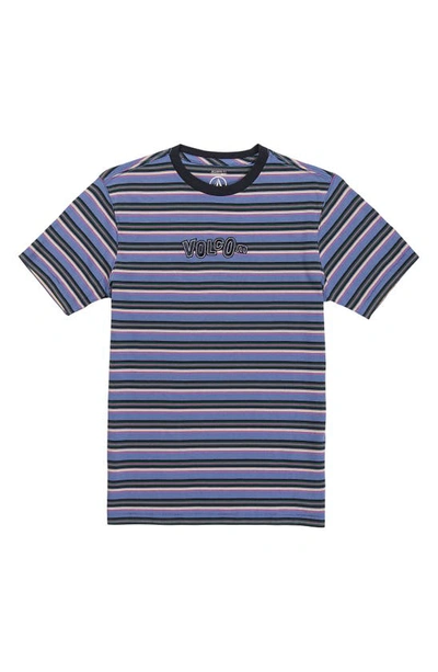 Shop Volcom Kids' Embroidered Logo Stripe Cotton T-shirt In Denim