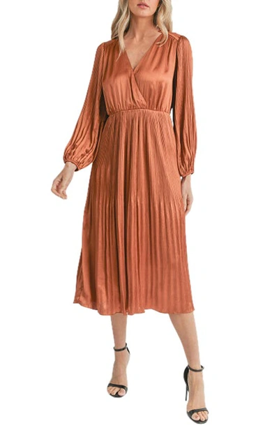 Shop Mila Mae Pleated Long Sleeve Midi Dress In Bronze
