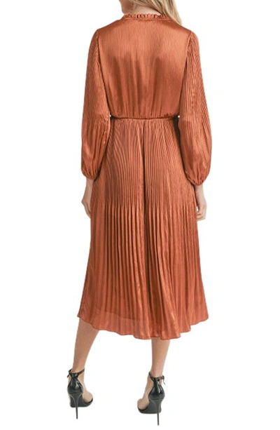 Shop Mila Mae Pleated Long Sleeve Midi Dress In Bronze