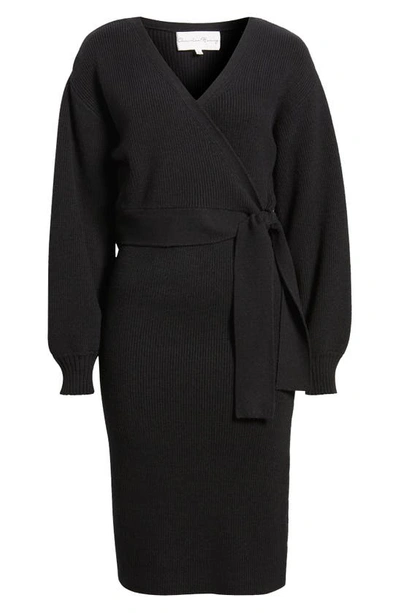 Shop Charles Henry Long Sleeve Faux Wrap Sweater Dress In Black