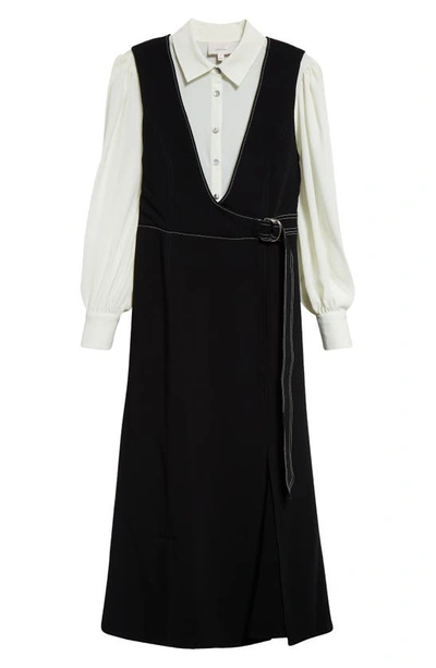 Cinq À Sept Ambre Belted Midi Combo Crepe Shirtdress In Black/ Ivory ...