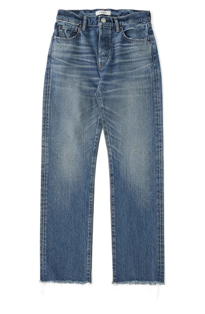 Shop Moussy Chateau Straight Leg Raw Edge Jeans In Blue