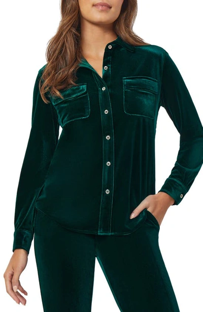 Shop Jones New York Stretch Velvet Utility Button-up Shirt In Emerald