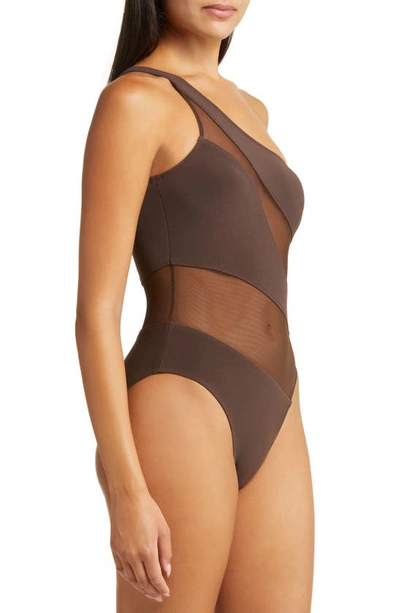 Shop Norma Kamali Snake Mesh One-shoulder Swimsuit In Chocolate/ Chocolate Mesh