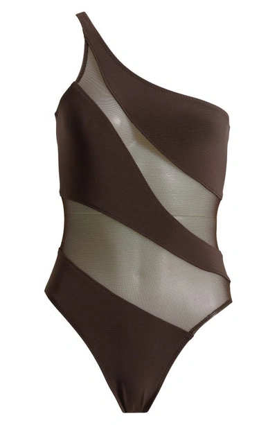 Shop Norma Kamali Snake Mesh One-shoulder Swimsuit In Chocolate/ Chocolate Mesh