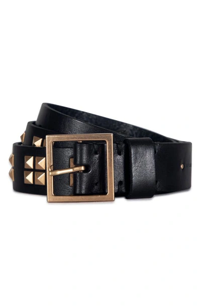 Shop Allsaints Pyramid Stud Leather Belt In Black / Warm Brass