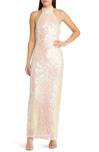 Shop Wayf The Aria Sequin Mock Neck Gown In Opal Sequin