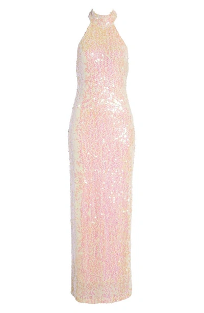 Wayf The Aria Sequin Mock Neck Gown In Opal Sequin