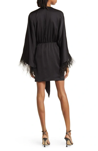Shop Charles Henry Feather Trim Long Sleeve Satin Minidress In Black