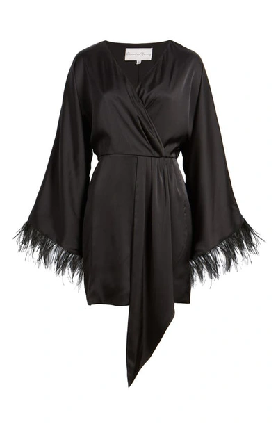 Shop Charles Henry Feather Trim Long Sleeve Satin Minidress In Black