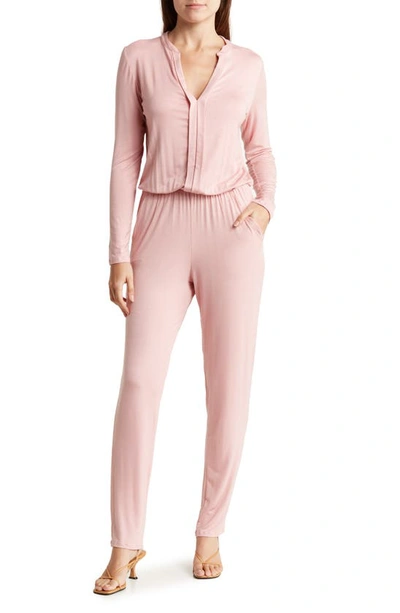 Shop Go Couture Split Neck Straight Leg Jumpsuit In Mauve