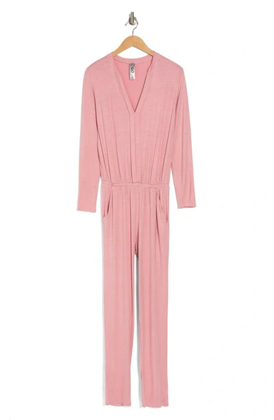 Shop Go Couture Split Neck Straight Leg Jumpsuit In Mauve