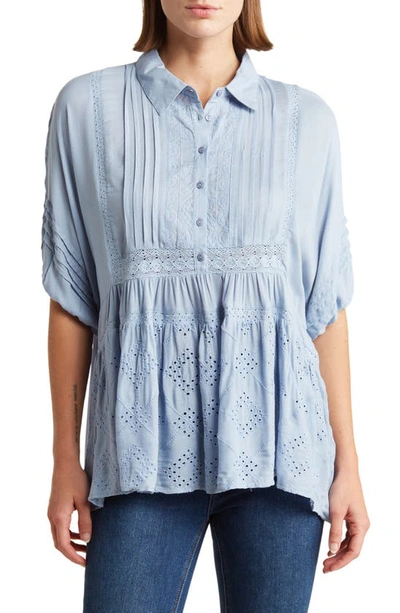 Shop Liv Los Angeles Mixed Media Eyelet Button-up Blouse In Denim