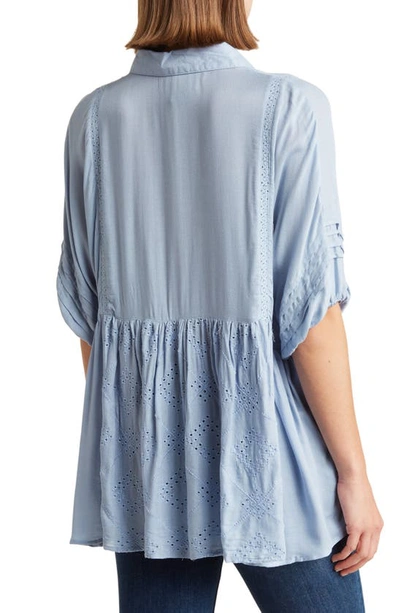 Liv Los Angeles Mixed Media Eyelet Button-up Blouse In Denim