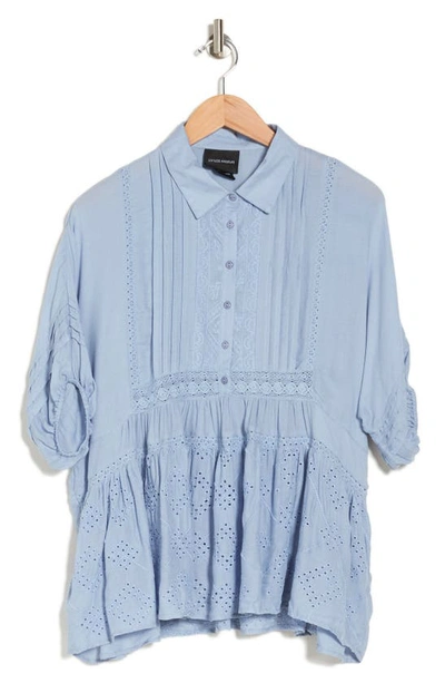 Shop Liv Los Angeles Mixed Media Eyelet Button-up Blouse In Denim