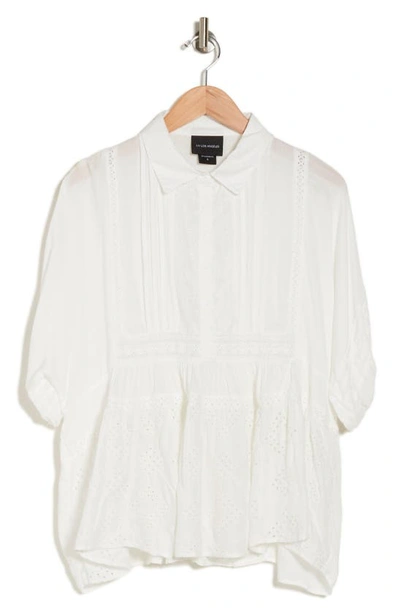 Shop Liv Los Angeles Mixed Media Eyelet Button-up Blouse In White
