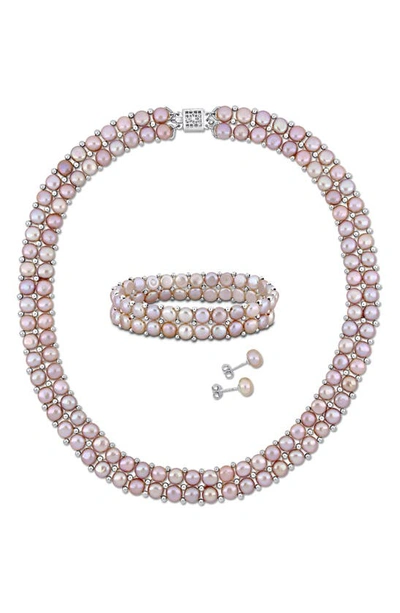 Shop Delmar Diamond & Pearl Stud Earrings & Pendant Necklace Set In Pink