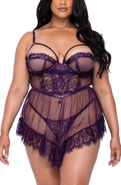Roma Confidential Sugar Plum Babydoll Chemise & G-string Set In Purple