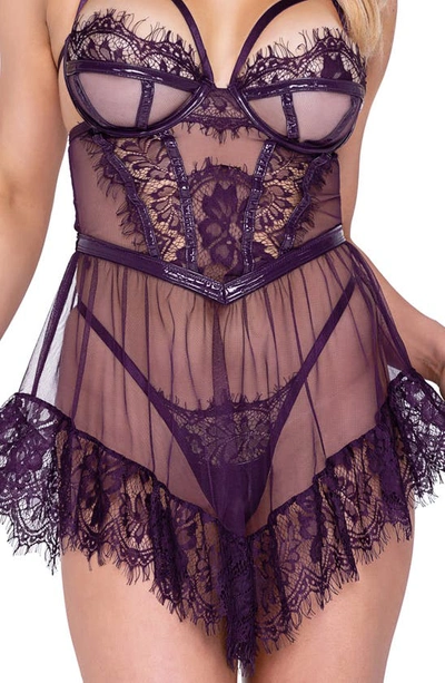 Roma Confidential Sugar Plum Babydoll Chemise & G-string Set In Purple
