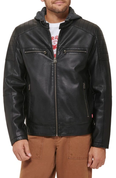 Shop Levi's Faux Leather Hooded Moto Racer Jacket In Black
