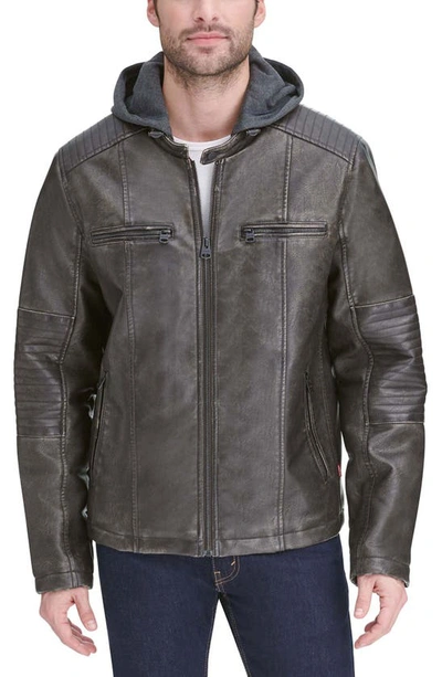 Shop Levi's Faux Leather Hooded Moto Racer Jacket In Deep Brown