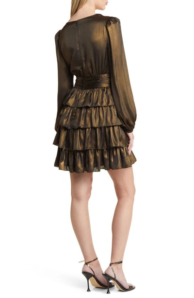 Shop Charles Henry Plunge Neck Tiered Long Sleeve Minidress In Antique Brass