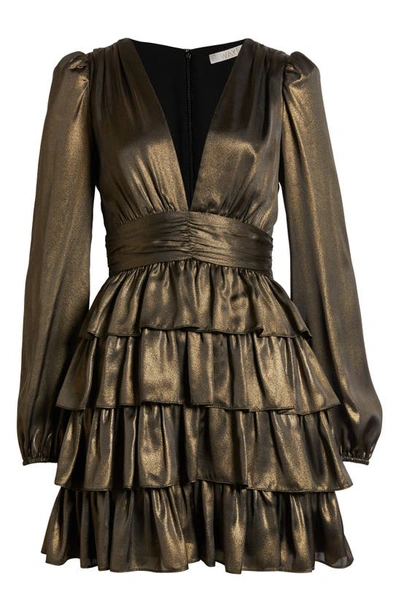 Shop Charles Henry Plunge Neck Tiered Long Sleeve Minidress In Antique Brass