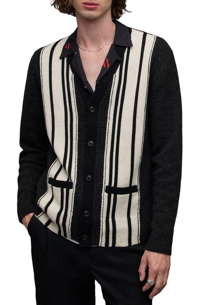 Shop Allsaints Berkley Stripe Wool & Cotton Blend Cardigan In Cinder Black Marl
