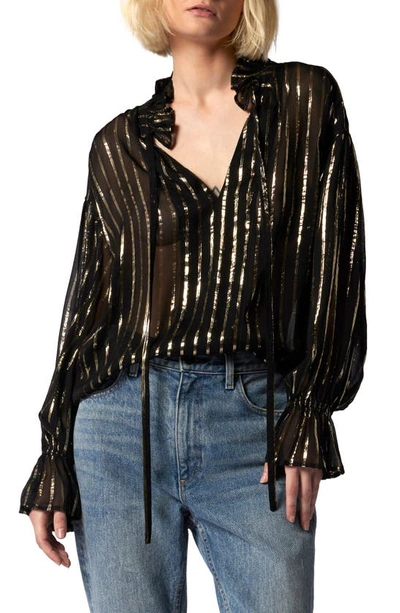 Shop Equipment Farah Stripe Metallic Cutout Blouse In True Black And Gold Metallic