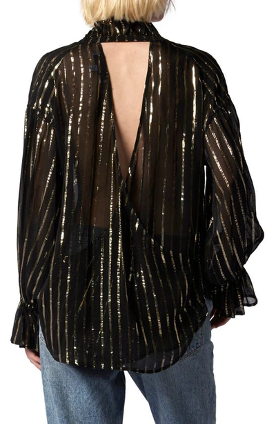 Equipment Farah Stripe Metallic Cutout Blouse In True Black And Gold Metallic