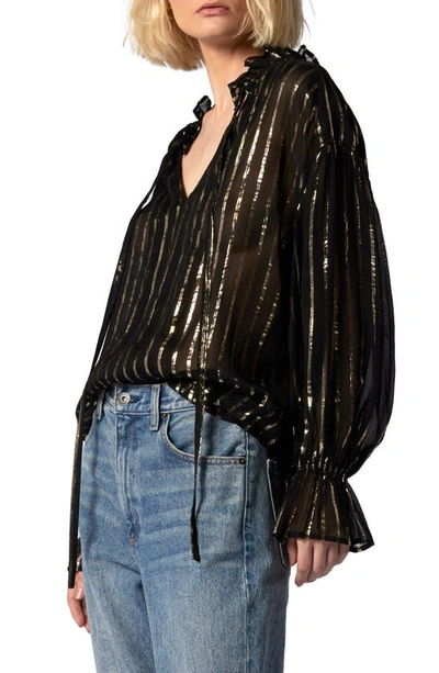 Equipment Farah Stripe Metallic Cutout Blouse In True Black And Gold Metallic